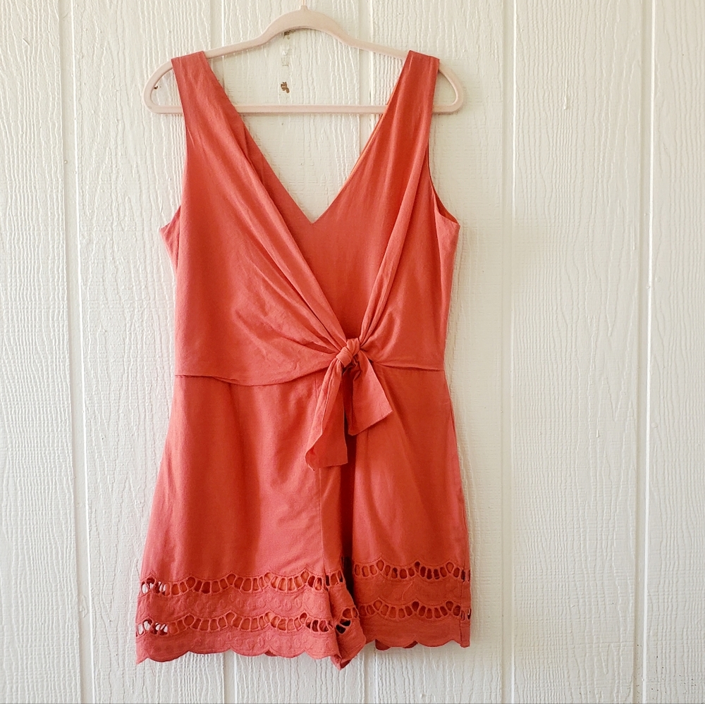 Adelyn Rae Romper V Neck Surplice Tie Front Laser Cut Eyelet Shorts Orange Large